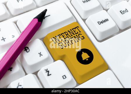 Hand writing sign Internet Surfing, Word Written on browsing hundred of websites using any installed browser Typing Game Program Codes, Programming Ne Stock Photo