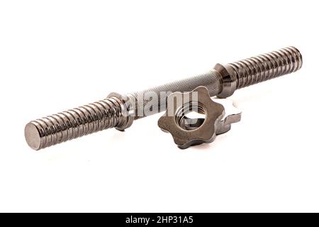 metal neck for dumbbells in disassembled form on a white isolated background. High quality photo Stock Photo