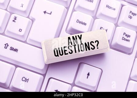 Text showing inspiration Any Questions Question, Business showcase Asking for inquiry Interrogation Clarification Abstract Creating Online Transcripti Stock Photo