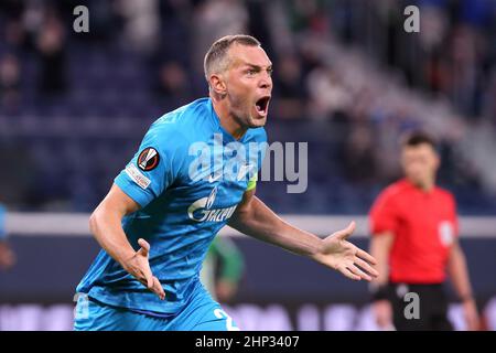 St. Petersburg, Russia. 17th Feb, 2022. Artem Dzyuba (No.22) of Zenit celebrates after scoring a goal during the UEFA Europa League football match between Zenit and Real Betis Balompie at Gazprom Arena.Final score; Zenit 2:3 Real Betis Balompie. Credit: SOPA Images Limited/Alamy Live News Stock Photo