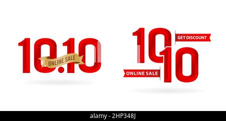 illustration of 10.10 sale, 10.10 online sale, 3d bevel model gradient red with golden ribbon, applicable for poster or flyer design, social media banner, online shop label promotion, web banner. Stock Vector