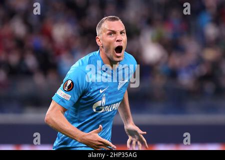 St. Petersburg, Russia. 17th Feb, 2022. Artem Dzyuba (No.22) of Zenit celebrates after scoring a goal during the UEFA Europa League football match between Zenit and Real Betis Balompie at Gazprom Arena.Final score; Zenit 2:3 Real Betis Balompie. Credit: SOPA Images Limited/Alamy Live News Stock Photo