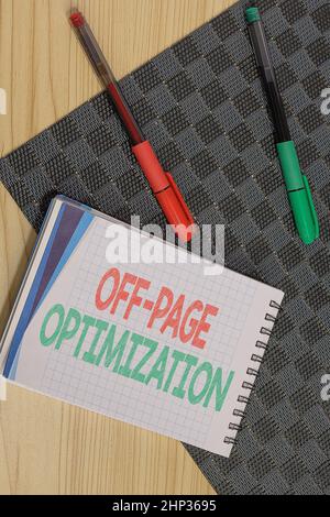 Handwriting text Off Page Optimization, Word Written on Website External Process Promotional Method Ranking Multiple Assorted Collection Office Statio Stock Photo