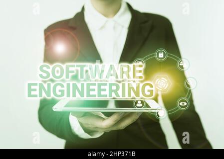 Inspiration showing sign Software Engineering, Business overview Program Development in Systematic Quantifiable approach Woman In Suit Standing Using Stock Photo