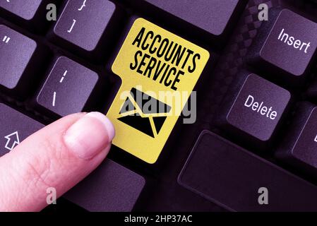 Text sign showing Accounts Service, Business overview accessing list of user profiles and information linked Transcribing Internet Meeting Audio Recor Stock Photo