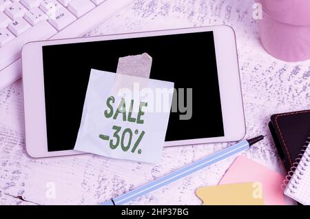 Writing displaying text Sale 30 Percent, Business showcase A promo price of an item at 30 percent markdown Wireless Communications Voice And Video Cal Stock Photo