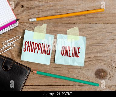 Hand writing sign Shopping Online, Conceptual photo buying you want through internet website then deliver it Display of Different Color Sticker Notes Stock Photo