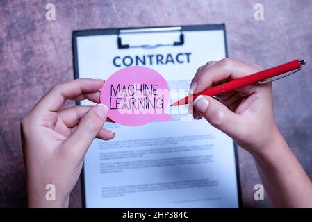 Conceptual caption Machine Learning, Business overview give computers the ability to be taught with data Writing New Ideas Telling Message And Informa Stock Photo