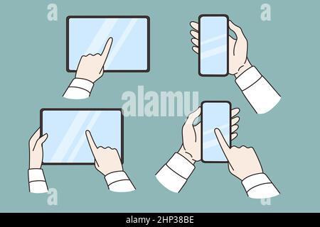 People hold various gadgets text message online. Men and women use modern devices cellphones and tablets browse internet. Technology and communication Stock Photo