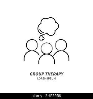 Group therapy line icon concept. Group of people discussing on psychotherapy session outline stroke element. Psychologist counseling. Anxiety, disorde Stock Photo