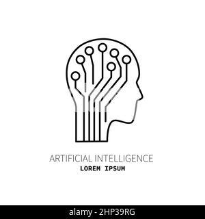 Artificial intelligence and machine learning line icon. Head and cpu. Simple thin outline pictogram. AI concept. Innovative robotic technology element Stock Photo