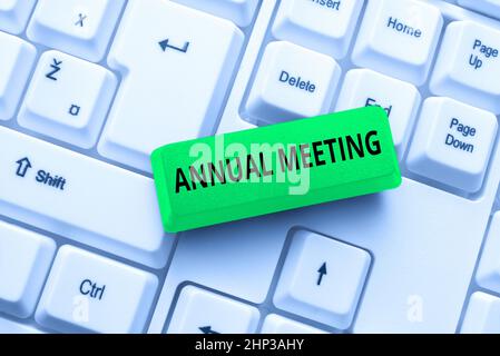 Handwriting text Annual Meeting, Conceptual photo Yearly gathering of an organization interested shareholders Abstract Recording List Of Online Shop I Stock Photo
