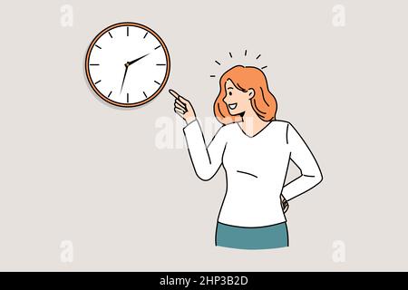 Time management and deadlines concept. Young smiling woman standing and pointing at time on wall watch clock feeling positive vector illustration Stock Photo
