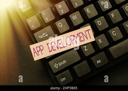 Writing displaying text App Development, Business idea producing computer software with a specialized purpose Creating Social Media Comment Message, T Stock Photo