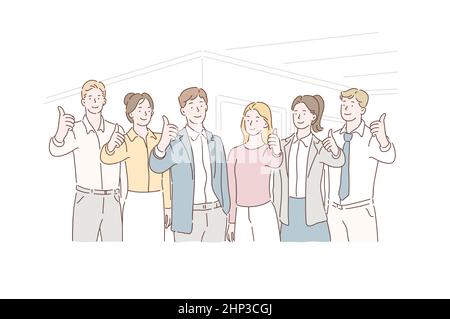 Business Concept Successful Teamwork, Group of partners. Clerks with leaders showing thumbs up looking at camera. Team of competent profisional offer the best service, work, human resources. Stock Vector