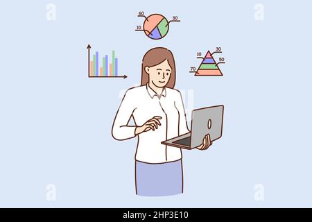 Young woman business analyst work with graphs on laptop Stock Vector