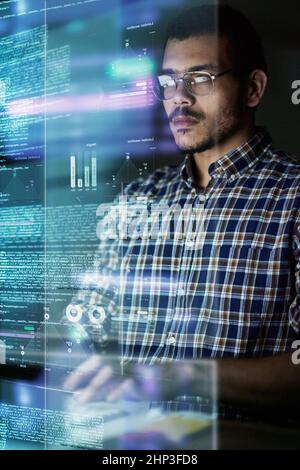 Going through the source code. Cropped shot of a young computer programmer looking through data. Stock Photo