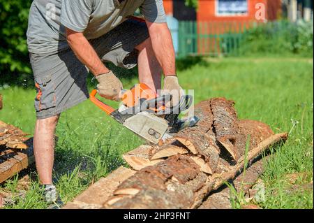sawing timber with a chainsaw on a sunny day in summer. High quality photo Stock Photo