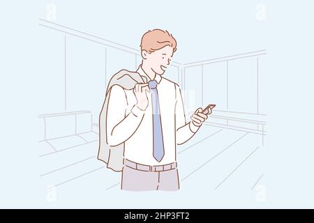 Business concept of a young, happy man in a suit looking at a cellphone. Happy Businessman talking with colleagues in the office online Stock Vector