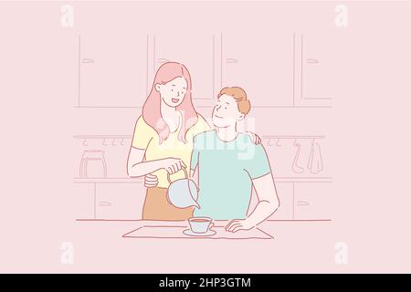 Concept of Breakfast for a couple in love. Young beautiful man and woman hug each other with tender view eating in the kitchen Stock Vector