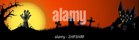Halloween castle and zombie hand in front of full moon Stock Vector
