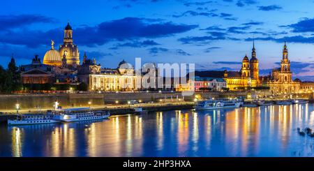 Dresden Frauenkirche church skyline Elbe old town panorama in Germany at night twilight Stock Photo