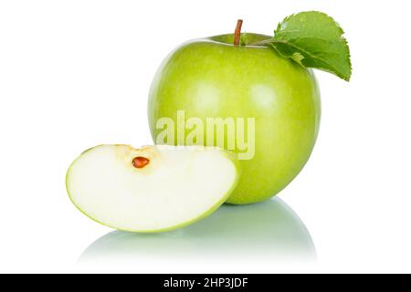 Apples fruits green apple fruit sliced with leaf fresh isolated on a white background Stock Photo