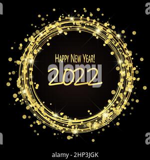 round lightning with dots and sparkle effects colored golden on dark background with Happy New Year 2022 greetings Stock Vector