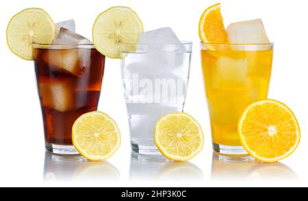 Drinks lemonade cola drink softdrinks glass in a row with lemon isolated on a white background Stock Photo