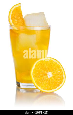 Orange lemonade drink softdrink in a glass with oranges fruit isolated on a white background Stock Photo