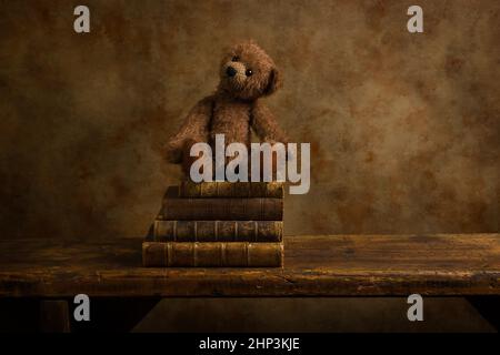 Cute brown teddy bear and stacked books on a rustic old wooden shelf. This is suitable for digital compositing. Stock Photo