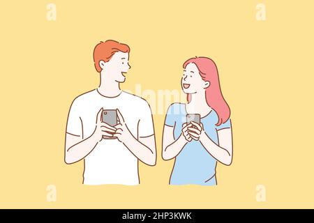Concept of a young couple in love excited man and woman smiling. Boy and Girl meet or talk, both using mobile phones Stock Vector