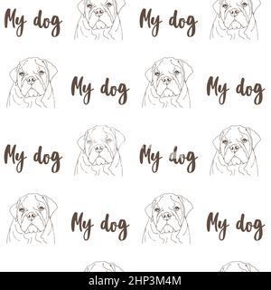 English Bulldog vector seamless pattern, hand drawn background with sketch of a dog Stock Vector