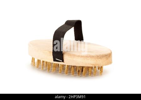 brass wire brush wooden handle on white background Stock Photo