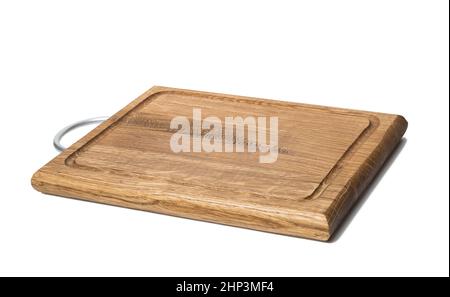 empty rectangular wooden oak kitchen cutting board. White background Stock Photo