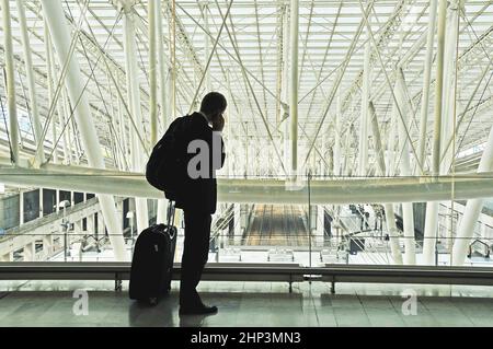 businessman telephoning in Roissy Charles de Gaulle airport railway station, Paris, France Stock Photo