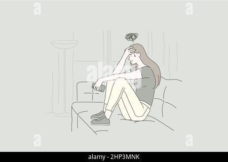 Concept of a young upset woman. Desperate girl frustrated by problem with work or relationships, feeling anxiety and disappointment, psychological trouble , having loneliness Stock Vector