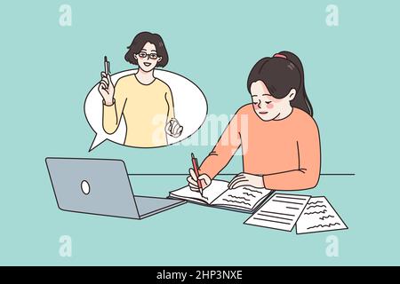 Smart girl study online on computer from home Stock Vector