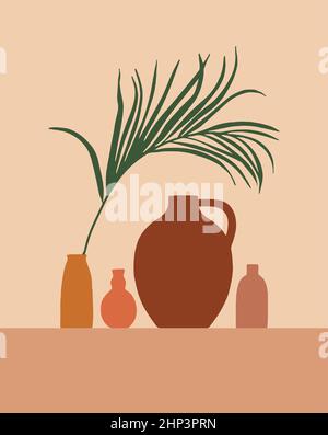 Plant in vase pattern background, Boho minimalist vase illustration for design nursery wall decor, t shirt print, shop flyer, contemporary poster etc. Stock Vector