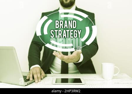 Text sign showing Brand Strategy, Business idea Long term marketing support for a product Marketing Remote Office Work Online Smartphone Voice And Vid Stock Photo