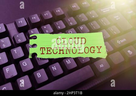 Conceptual display Cloud Technology, Word for storing and accessing data and programs over Internet Creating Computer Programming Services, Typing New Stock Photo