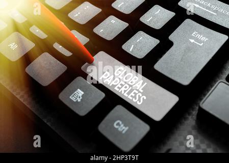 Handwriting text Global Paperless, Word Written on going for technology methods like email instead of paper Typing Program Schedule, Retyping And Debu Stock Photo
