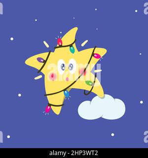 Cartoon star entangled with christmas lights. Vector illustration Stock Vector