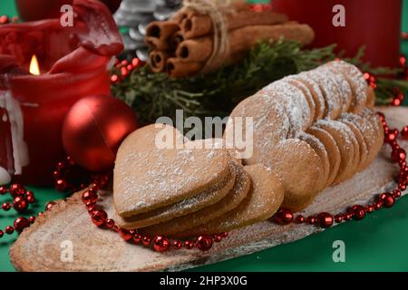 Swedish pepparkakor heart shaped thins cookies with cinnamon, ginger and cloves Stock Photo