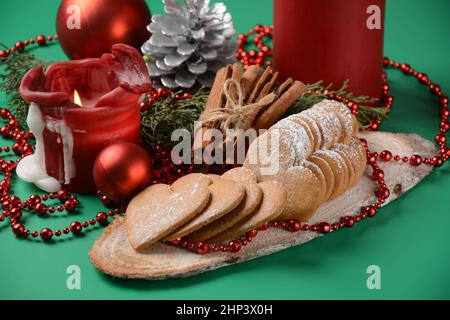 Swedish pepparkakor heart shaped thins cookies with cinnamon, ginger and cloves Stock Photo
