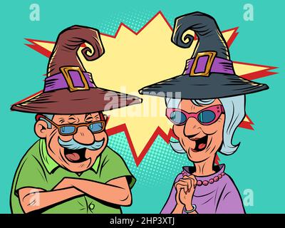 An old man and an old women couple in halloween hats laugh. love and friendship. comic cartoon illustration vintage hand drawing Stock Photo