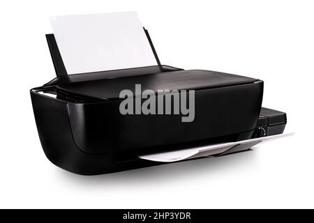 New modern multifunction  black inkjet printer with paper isolated on white background Stock Photo