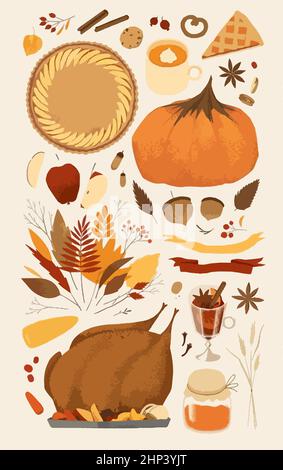 Vector autumn Thanksgiving elements. Pumpkin, pie, turkey, apple, mulled wine, cookies, chestnut, cinnamon. Stock Vector