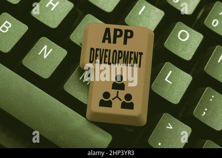 Conceptual display App Development, Business idea producing computer software with a specialized purpose Typing Product Title And Descriptions, Enteri Stock Photo