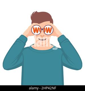 Wow, surprised man with open mouth, holding binoculars in his hand with inscription wow in reflection. Vector illustration in retro comic style Stock Photo